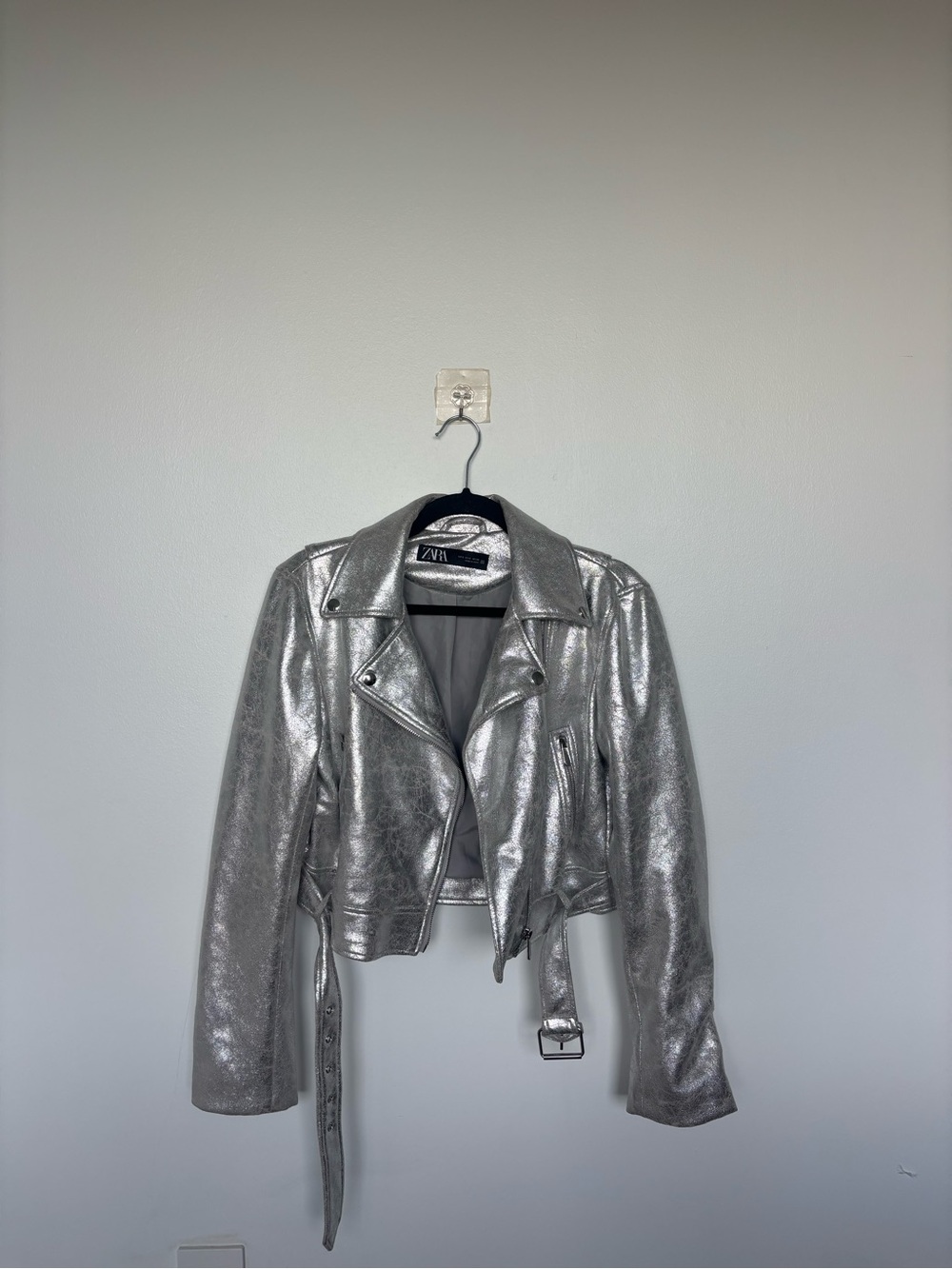 Zara Metallic Silver Cropped Moto Jacket